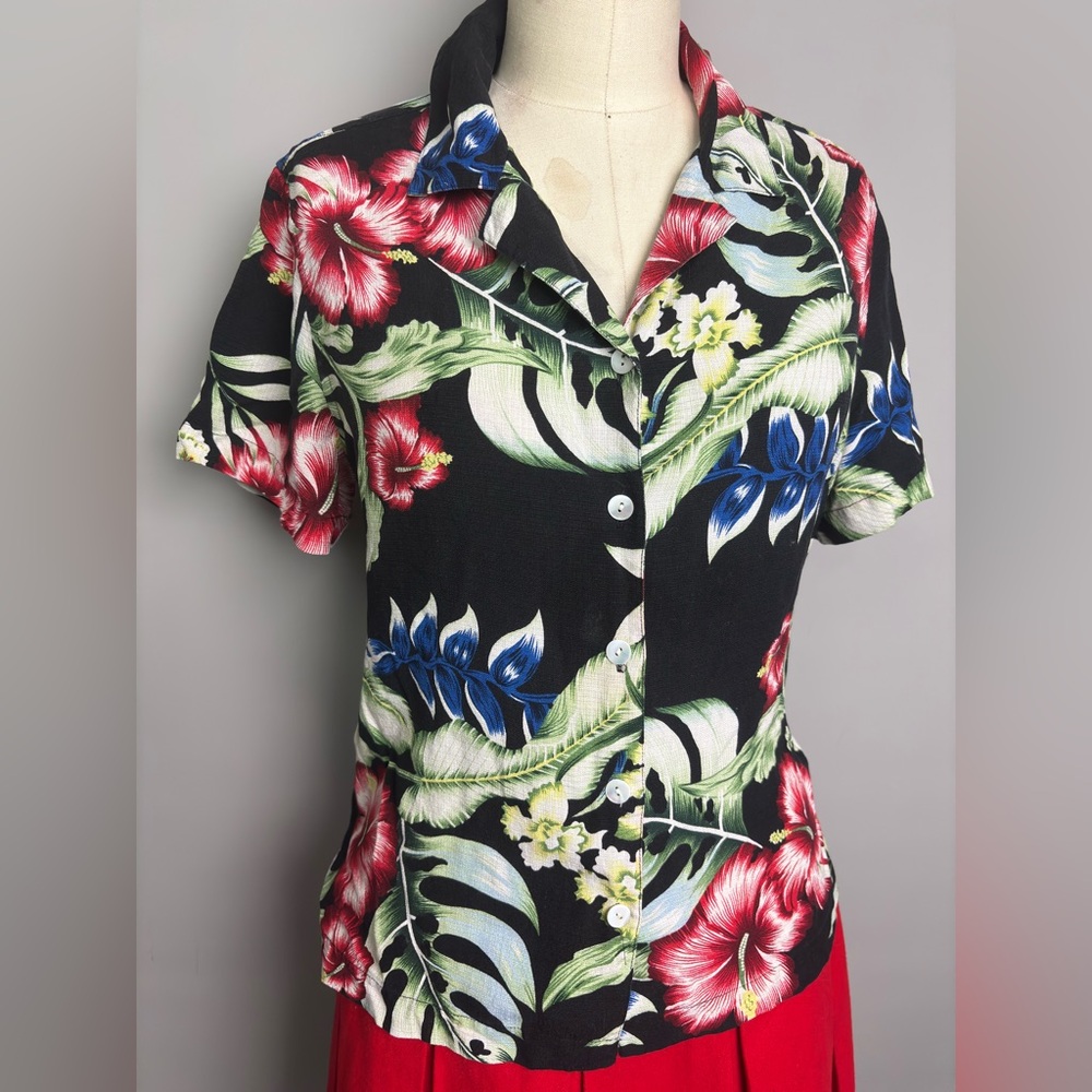 Vintage Silk Black Tropical Floral Button-Down Shirt Medium